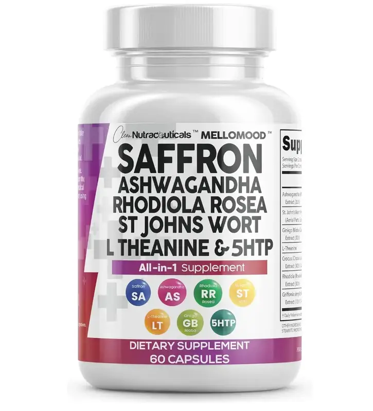 Clean Nutra Saffron Supplements with Ashwagandha, L-Theanine, Ginkgo Biloba, St. John's Wort, Rhodiola Rosea & 5-HTP for Mood...