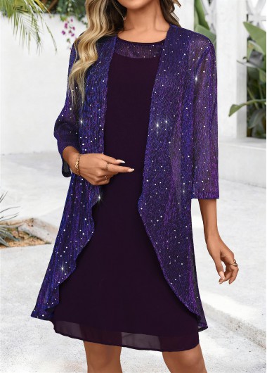Modlily Dark Purple Tummy Coverage Long Sleeve Dress and Cardigan - XXL