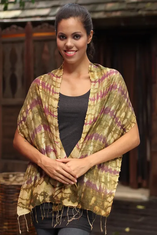 NOVICA Purple Wilderness Multicolor Silk Thai Scarf