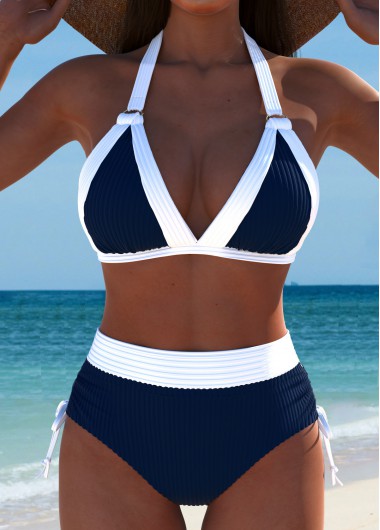 Modlily Mid Waisted Navy V-Neck Bikini Set - L