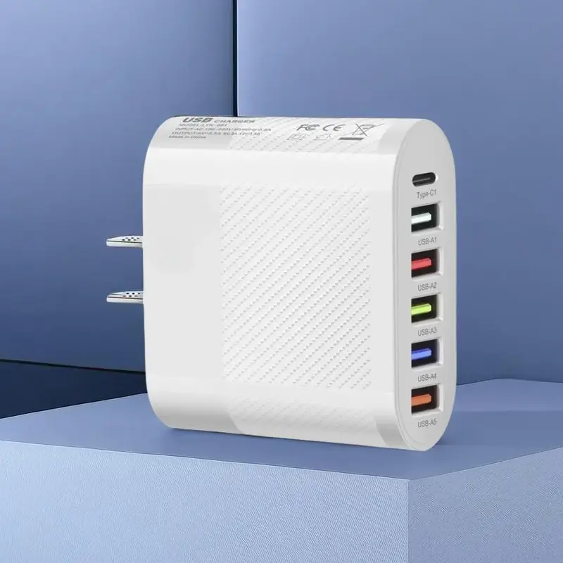 65W US Plug 6 Port USB Charger Including Type-c & USB, Multifunctional Fast Charging Charger Compatible With iPhone, Phone Ac...