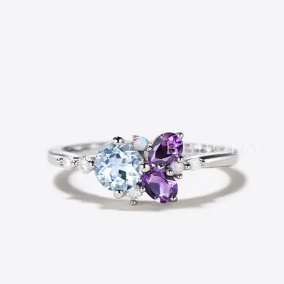 Round Natural Aquamarine Engagement Ring Cluster Amethyst Opal Ring Multi-Stone Ring