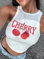 Women's Cherry & Letter Print Round Neck Tank Top, Casual Sleeveless Crew Neck Top for Summer, Ladies Clothes for Daily Wear,...