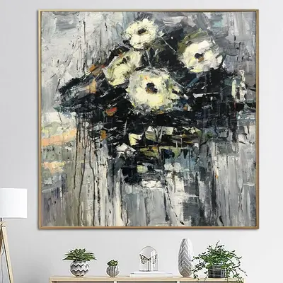 Large Abstract Flower Paintings On Canvas Grey Painting Original Textured Art Floral Painting Modern Wall Art | MACROTYPE