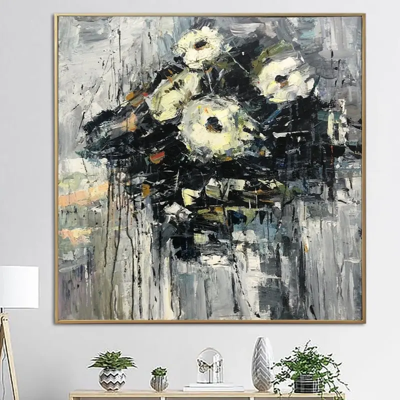 Large Abstract Flower Paintings On Canvas Grey Painting Original Textured Art Floral Painting Modern Wall Art | MACROTYPE