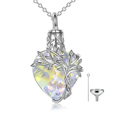 Sterling Silver Heart Crystal Tree Of Life Urn Necklace For Ashes