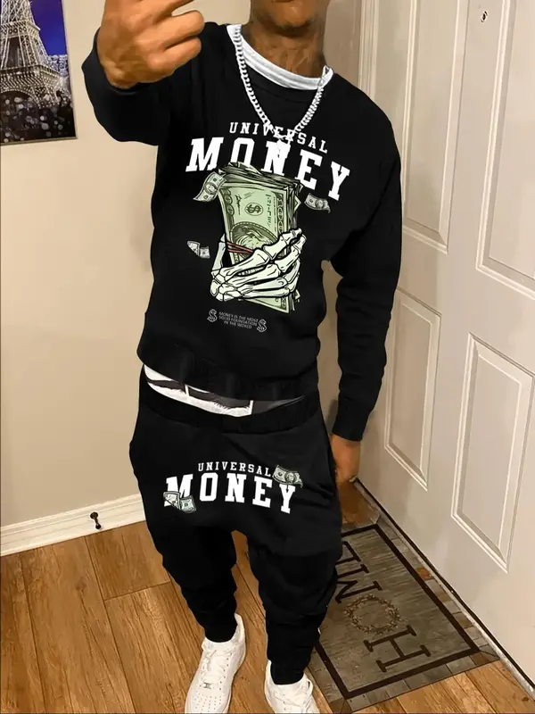 Two-piece Set Men's Letter Graphic Sweatshirt & Elastic Waist Sweatpants Set, Regular Fit Casual Round Neck Long Sleeve Pullo...