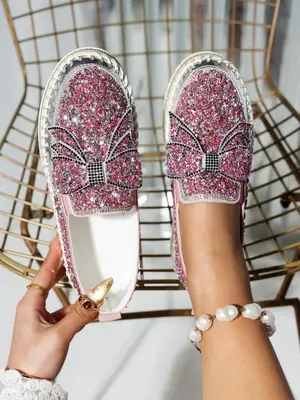 Women's Rhinestone Bow Decorated Slip on Loafers, Fashionable Glitter Design Loafers for Daily Wear, Casual Comfortable Shoes...
