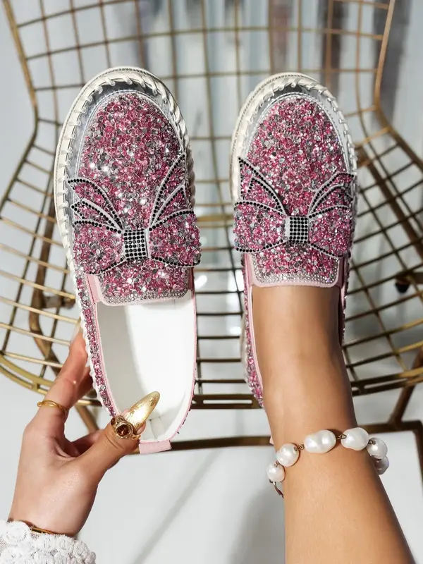 Women's Rhinestone Bow Decorated Slip on Loafers, Fashionable Glitter Design Loafers for Daily Wear, Casual Comfortable Shoes...