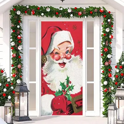 Red Cute Santa Claus Snowflake Christmas Door Cover - Aperturee