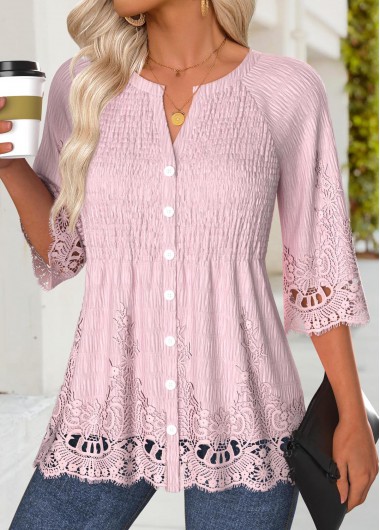 Modlily Light Pink 3/4 Sleeve Split Neck Blouse - XL