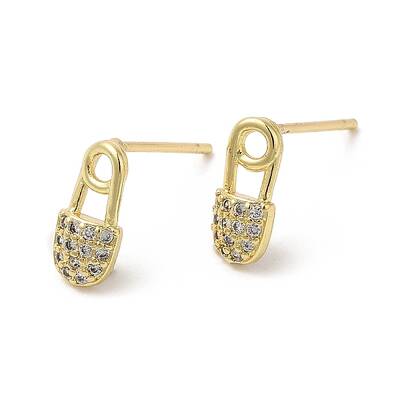 Rack Plating Brass Safety Pin Stud Earrings with Cubic Zirconia
