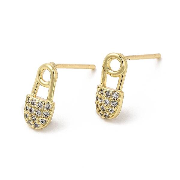 Rack Plating Brass Safety Pin Stud Earrings with Cubic Zirconia