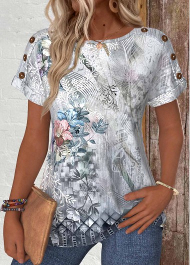 Modlily Grey Button Random Floral Print Short Sleeve T Shirt - XXL