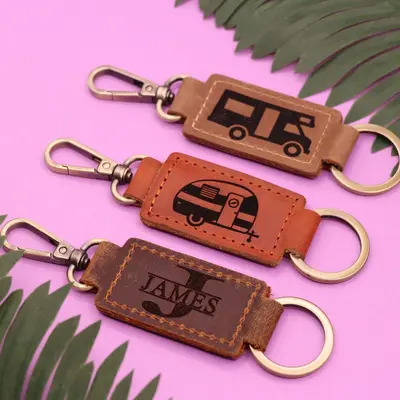 Set of 3 Camper Leather Keychain with Heavy Duty Ring & Clasp , Real Leather, Same Day Shipping, Free Shipping US