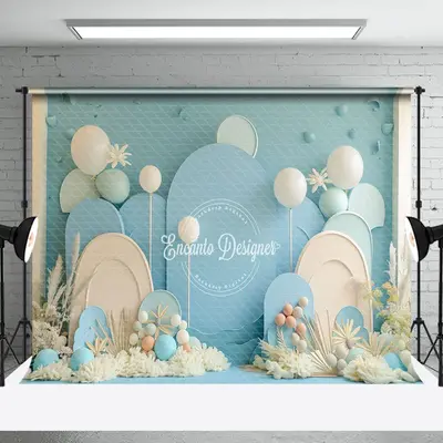 Summer Blue Beige Balloons Backdrop For Cake Smash - Aperturee