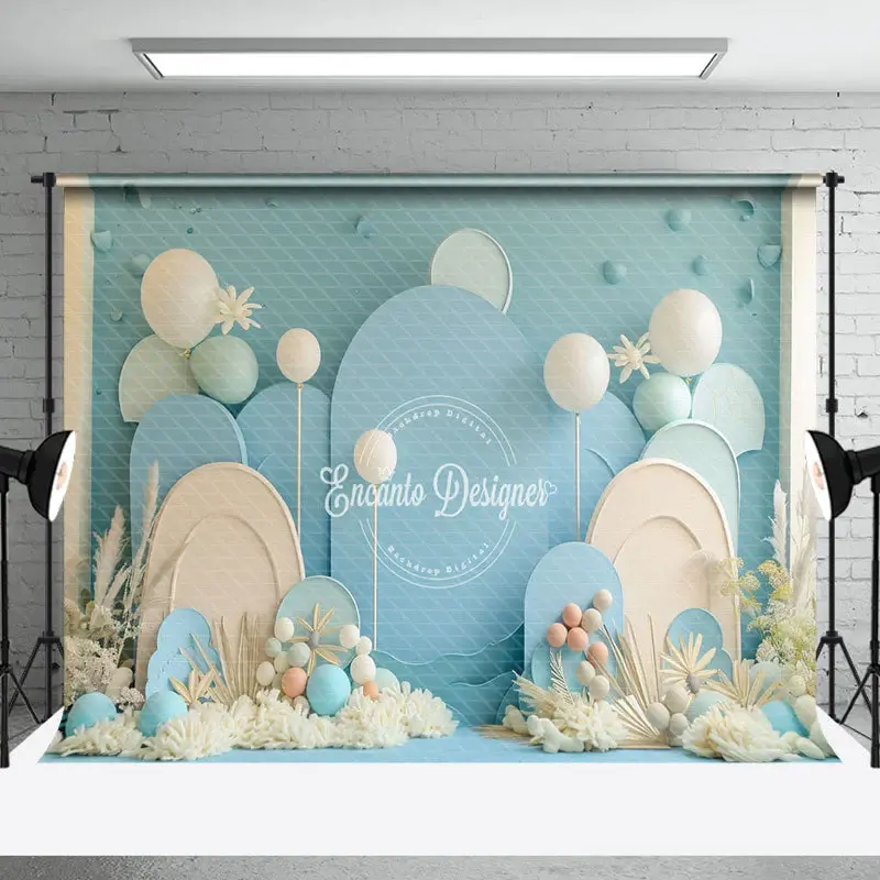 Summer Blue Beige Balloons Backdrop For Cake Smash - Aperturee