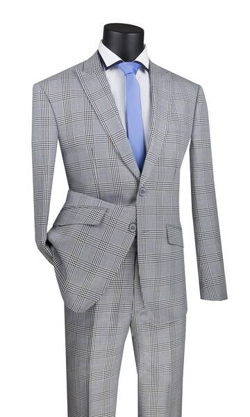 Vinci Men's 2 Piece Slim Fit Windowpane Suit Accent Design