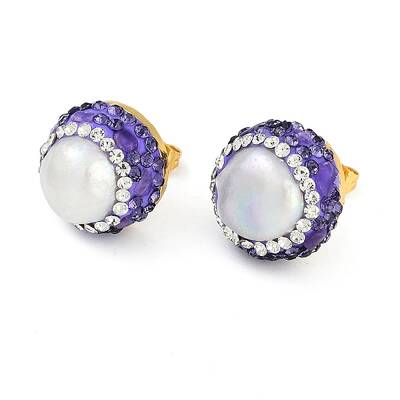 Rack Plating Flat Round Brass With Rhinestone & Natural Pearl Handmade Indonesia Stud Earrings