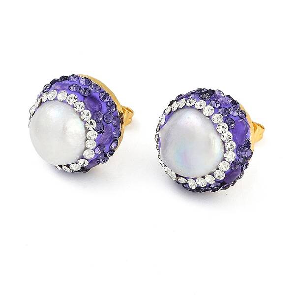 Rack Plating Flat Round Brass With Rhinestone & Natural Pearl Handmade Indonesia Stud Earrings