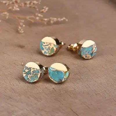 Blue Turquoise Stud Earrings Gold Plated, Dainty Turquoise Earrings, Blue Stone Earrings, Turquoise Post Earrings Women Stud ...