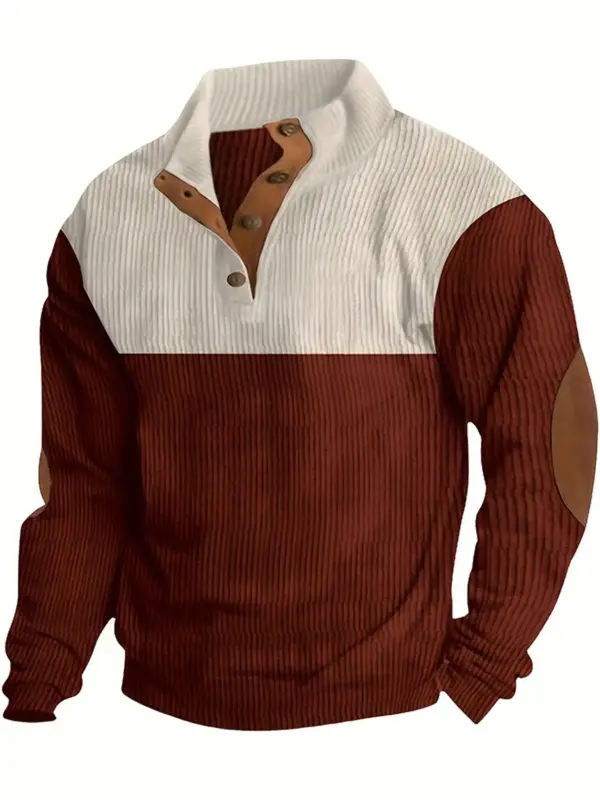 Men's Patchwork Button Front Corduroy Sweatshirt, Casual Regular Fit Drop Shoulder Long Sleeve Pullover for Spring & Fall, Fa...