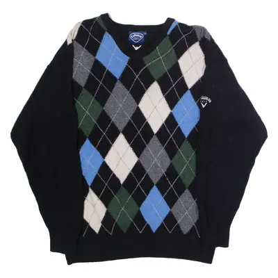 CALLAWAY Golf Mens Patterned Jumper Black Argyle V-Neck Tight Knit Wool M