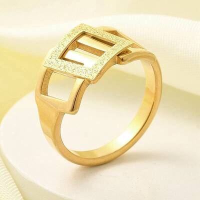Textured 304 Stainless Steel Hollow Rectangle Finger Ring for Women