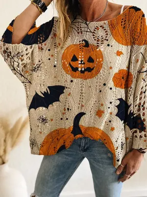 Women's Halloween Pumpkin Print Long Sleeve Knit Top, Casual Elegant Vacation Style, Loose Fit Batwing Shoulder, Spring Summe...