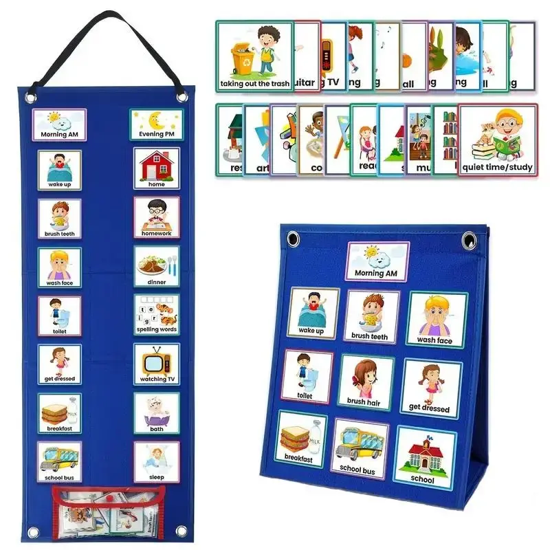 Visual Schedule Chart for Kids Daily Routine Card, 1 Set Affairs Pattern English Card with Display & Bag, Math Learning Tools...