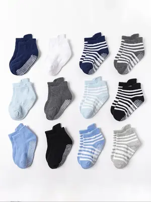 Boys' Solid & Striped Print Non-slip Ankle Socks, Casual Comfortable Breathable Socks for Daily Wear, Kid's Socks for All Sea...