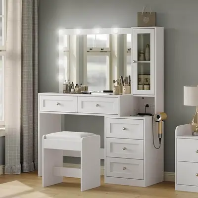 CollaredEagle 43 W Vanity Desk with Mirror & 11 Lights, 5 Drawer Modern Makeup Desk with Glass top & Cushioned Stool, 3 Lig...