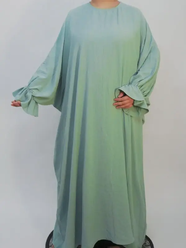 Arabic Clothing-Solid Ruffle Trim Batwing Sleeve Kaftan, Modest Long Sleeve Round Neck Long Dress for Women, Women's Islamic ...