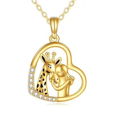 14K Yellolw Gold Circular Cubic Zirconia Giraffe And Girl & Heart Pendant Necklace