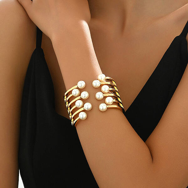 Elegant Vintage Casual Real 18K Gold Plated Alloy Cuff Bangles for Women