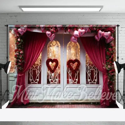 White Glass Door Floral Heart Valentine Day Backdrop - Aperturee
