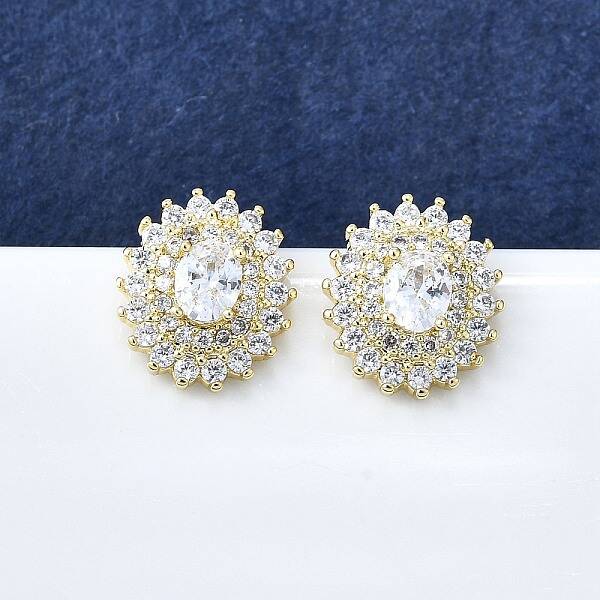 Brass Micro Pave Clear Cubic Zirconia Stud Earrings for Women