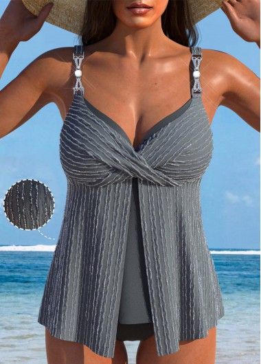 Modlily Criss Cross Jacquard Grey Tankini Set - M