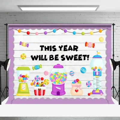 This Year Will Be Sweet Candy Purple Wooden Backdrop