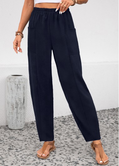 Modlily Navy Pocket Elastic Waist High Waisted Pants - XXL