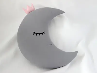 Gray Crescent Moon Pillow with Crown or Star