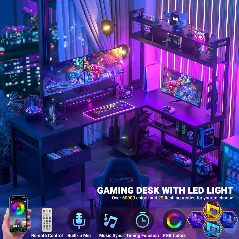 Cyclysio L Shaped Desk with Hutch, Gaming Desk with Led Lights, Reversible Computer Desk with Power Outlet, Corner Desk with ...