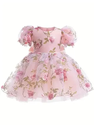 Girl's Floral Appliques Big Bow Decor Ruffle Trim Dress, Elegant Contrast Mesh Puff Short Sleeve Zipper Back Party Dress for ...