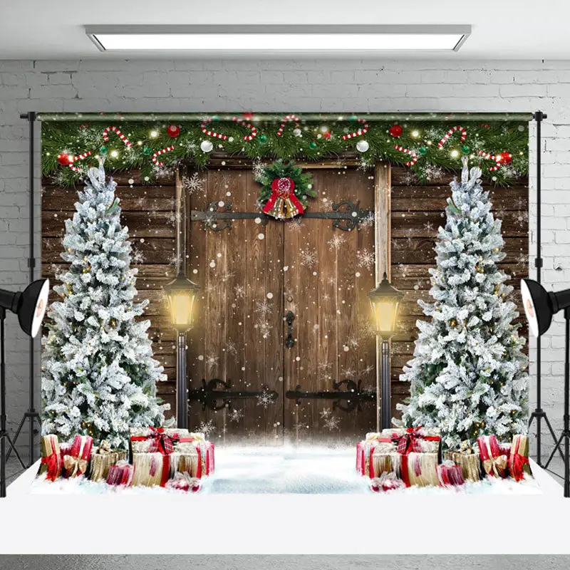 Aperturee Snowy Pine Tree Leaves Bell Wood Door Xmas Backdrop - Aperturee