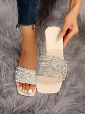 Women's Elegant Rhinestone Decorated Slip on Sandals, Flats Sandals, Unique Sandals, 1 Pair Fashionable Open Toe Flat Sandal...