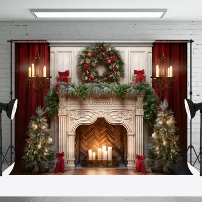 Aperturee Fireplace Scene Garland Trees Candles Gifts Backdrop - Aperturee