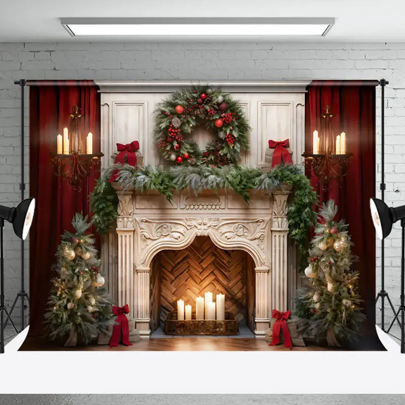 Aperturee Fireplace Scene Garland Trees Candles Gifts Backdrop - Aperturee