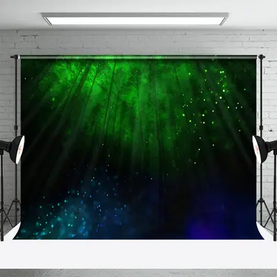 Green Blue Firefly Night Forest Photo Booth Backdrop - Aperturee