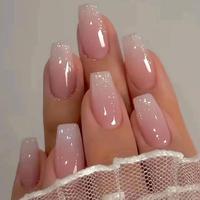 Medium Press on Nails Coffin Fake Nails 30Pcs Pink White Ombre Coffin False Nails with A Little Bit of Glitter Designs Acryli...