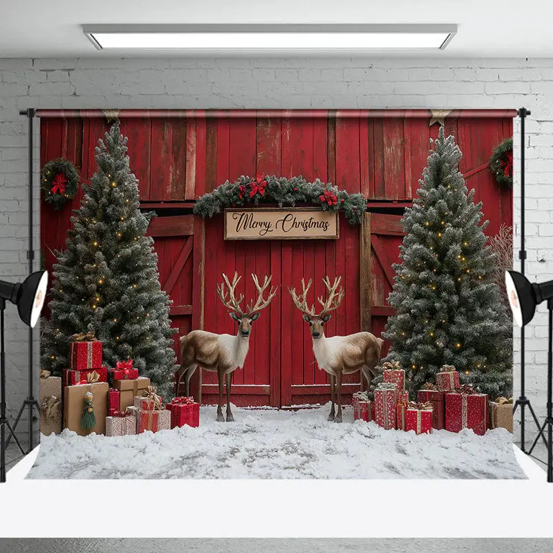 Red Barn Door Elk Snow Pine Tree Christmas Backdrop - Aperturee